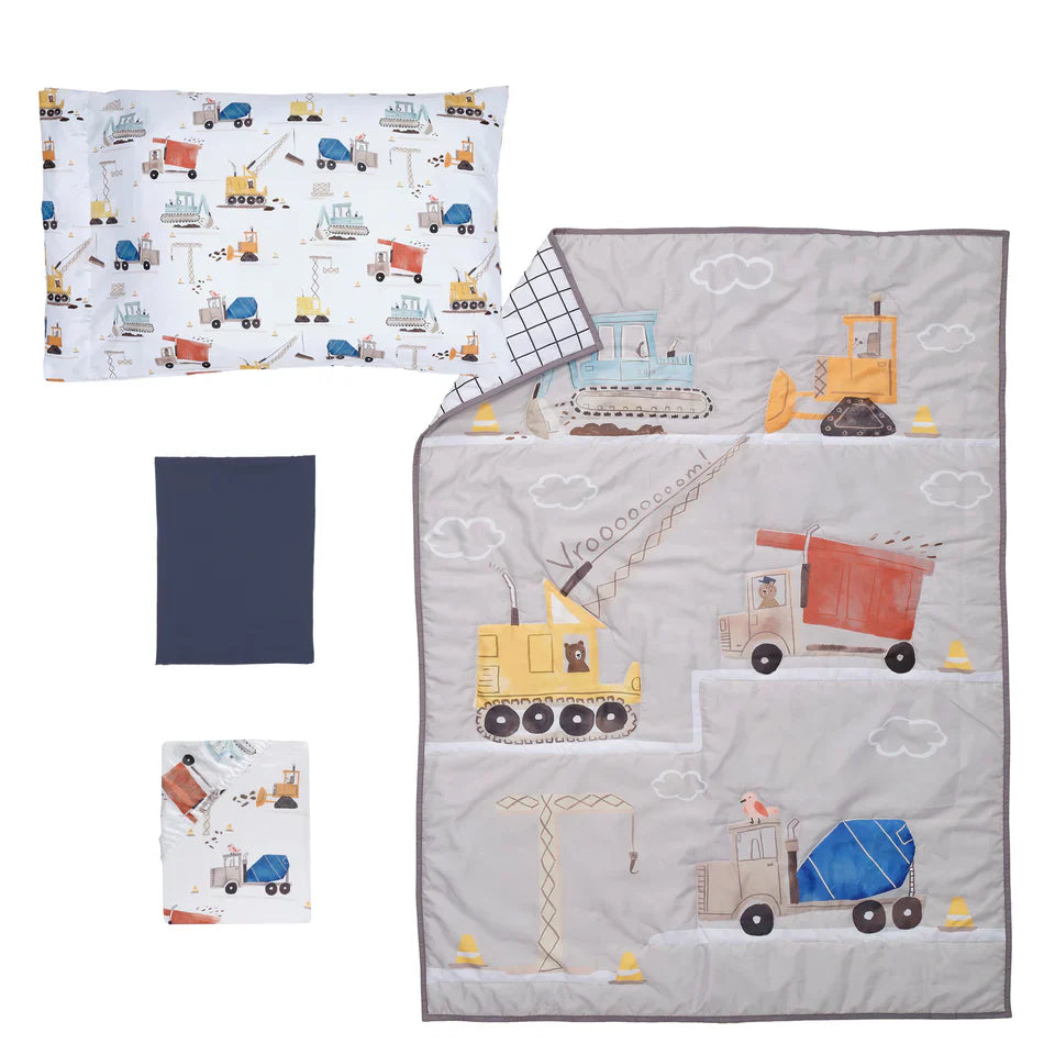 Bedtime Originals Construction Zone 4-Piece  Gray/Navy/White Toddler Bedding Set